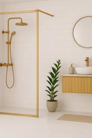 Wiesbaden Square Inloopdouche 10mm NANO Helder Glas / Geborsteld Messing Frame Laatste Versie