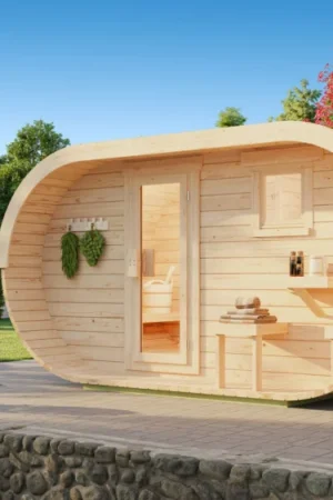 Ilogreen barrelsauna Ovaal 402x240 cm - met voorruimte en terras Express Levering
