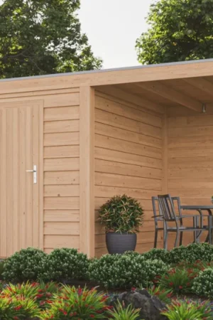 WoodAcademy Douglas tuinhuis met overkapping Nefriet Essential Lage Prijs