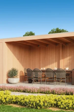 WoodAcademy Douglas tuinhuis met overkapping Robijn Essential Beperkt Aanbod