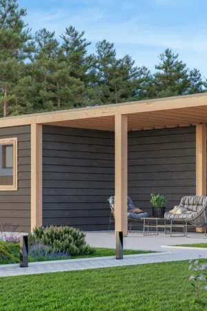 WoodAcademy tuinhuis met overkapping Nefriet Excellent nero Seizoensaanbieding