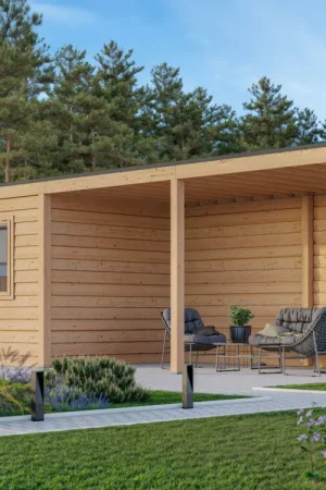 WoodAcademy tuinhuis met overkapping Nefriet Essential Premium