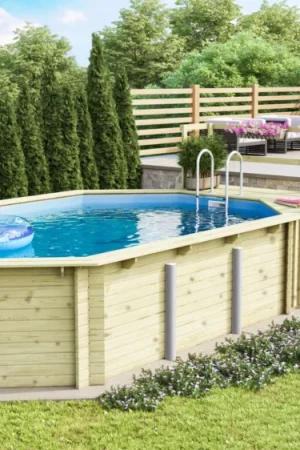 Karibu houten zwembad met terras 4B - blauwe liner + skimmer Fabrieksprijs