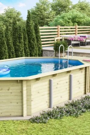 Karibu houten zwembad met groot terras 4D - blauwe liner + skimmer Weekendaanbieding