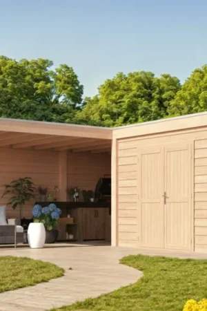 WoodAcademy tuinhuis met overkapping L-model Nefriet Essential Nieuw