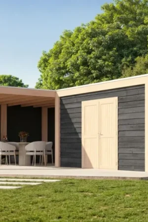 WoodAcademy tuinhuis met overkapping L-model Nefriet Excellent Nero Nieuw