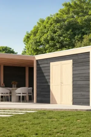 WoodAcademy tuinhuis met overkapping L-model Nefriet Essential Nero Beste Prijs