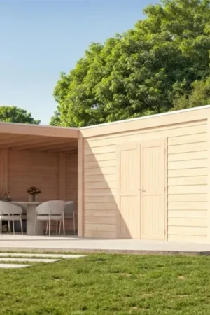 WoodAcademy tuinhuis met overkapping L-model Nefriet Essential Fabrieksprijs