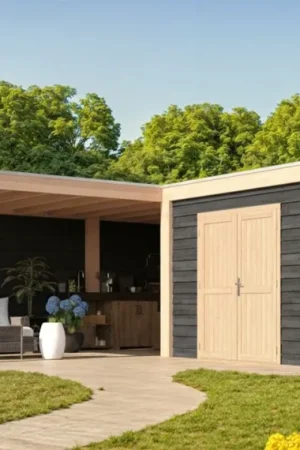 WoodAcademy tuinhuis met overkapping L-model Nefriet Excellent Nero Aanbieding