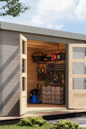 Actieprijs Karibu 12401 Jupiter 4 tuinhuis met overkapping - watergrijs|grijsaluminium