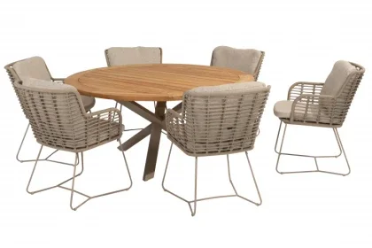 4 Seasons Outdoor Fabrice dining set Latte met Prado eettafel rond Ø 160cm Teak Bestseller